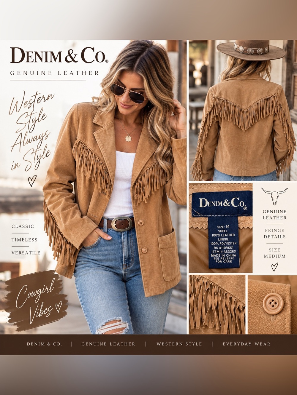 Denim & Co. Genuine Leather Fringe Western Jacket Women’s Medium Tan